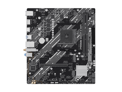 Top view of ASUS Prime B550M-K WiFi motherboard showing AM4 socket and chipset