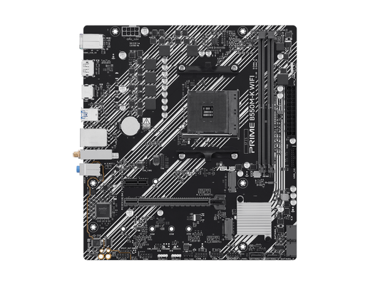 Top view of ASUS Prime B550M-K WiFi motherboard showing AM4 socket and chipset